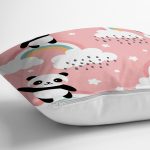 - Print - Realhomes Pembe Zeminde Bulutlar Ve Panda Dijital Baskılı Özel Tasarım Modern Yastık Kırlent Kılıfı Realhomes