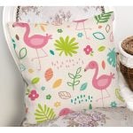 - Print - Realhomes Krem Zeminde Flamingo Desenli Dijital Baskılı Özel Tasarım Modern Yastık Kırlent Kılıfı Realhomes