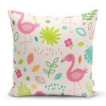 - Print - Realhomes Krem Zeminde Flamingo Desenli Dijital Baskılı Özel Tasarım Modern Yastık Kırlent Kılıfı Realhomes