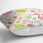 - Print - Realhomes Krem Zeminde Flamingo Desenli Dijital Baskılı Özel Tasarım Modern Yastık Kırlent Kılıfı Realhomes