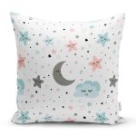 - Rh-K1165 - Realhomes  Beyaz Zeminde Bulut Ve Ay Desenli Dijital Baskılı Özel Tasarım Modern Yastık Kırlent Kılıfı Realhomes