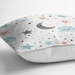 - Rh-K1165-2 - Realhomes  Beyaz Zeminde Bulut Ve Ay Desenli Dijital Baskılı Özel Tasarım Modern Yastık Kırlent Kılıfı Realhomes