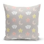 - Rh-K1175 - Realhomes Gri Zeminde Yıldız Ve Bulutlar Dijital Baskılı Özel Tasarım Modern Yastık Kırlent Kılıfı Realhomes