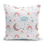 - Rh-K1177 - Realhomes Ay Gökkuşağı Ve Yıldız Desenli Dijital Baskılı Özel Tasarım Modern Yastık Kırlent Kılıfı Realhomes