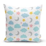 - Print - Realhomes Beyaz Zeminli Bulut Ve Ay Desenli Dijital Baskılı Özel Tasarım Modern Yastık Kırlent Kılıfı Realhomes