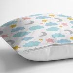 - Print - Realhomes Beyaz Zeminli Bulut Ve Ay Desenli Dijital Baskılı Özel Tasarım Modern Yastık Kırlent Kılıfı Realhomes