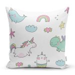 - Rh-K1189 - Realhomes Beyaz Zeminde Sevimli Hayvanlar Motifli Dijital Baskılı Özel Tasarım Modern Yastık Kırlent Kılıfı Realhomes