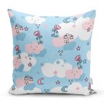 - Cute seamless pattern with cartoon clouds and flowers on blue ba - Realhomes  Sevimli Bulut Temalı Dijital Baskılı Özel Tasarım Modern Yastık Kırlent Kılıfı Realhomes