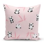 - Rh-K1218 - Realhomes Pembe Zeminde Sevimli Panda Tasarımlı Dijital Baskılı Özel Tasarım Modern Yastık Kırlent Kılıfı Realhomes