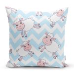 - Print - Realhomes Mavi Zikzak Üzerinde Sevimli Koyun Temalı Dijital Baskılı Özel Tasarım Modern Yastık Kırlent Kılıfı Realhomes