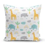 - Печать - Realhomes Zürafa Fil Temalı Dijital Baskılı Özel Tasarım Modern Yastık Kırlent Kılıfı Realhomes