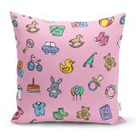 - Print - Realhomes Pembe Zeminde Bebek Odası Temalı Dijital Baskılı Özel Tasarım Modern Yastık Kırlent Kılıfı Realhomes