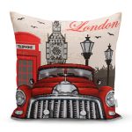 - Rh-K126 - Realhomes  London Klasik Araba Desenli Dijital Baskılı Dekoratif Modern Yastık Kırlent Kılıfı Realhomes