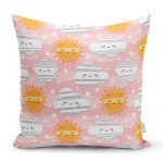 - Print - Realhomes Pembe Zeminde Güneş Ve Bulut Motifli Dijital Baskılı Özel Tasarım Modern Yastık Kırlent Kılıfı Realhomes