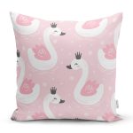 - Swan with crown seamless pattern background - Realhomes Pembe Zeminde Kuğu Motifli Dijital Baskılı Özel Tasarım Modern Yastık Kırlent Kılıfı Realhomes