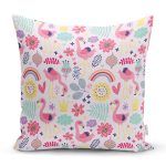 Pembe Pelikan Ve Çiçek Desenli Dijital Baskılı Özel Tasarım Modern Yastık Kırlent Kılıfı Realhomes