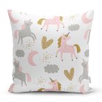 - Rh-K1282 - Realhomes  Sevimli Unicorn Temalı Dijital Baskılı Özel Tasarım Modern Yastık Kırlent Kılıfı Realhomes