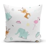 - Kids pattern of wild animals in the white backdrop - Realhomes Sevimli Fil Geyik Ve Pelikan Motifli Dijital Baskılı Özel Tasarım Modern Yastık Kırlent Kılıfı Realhomes