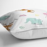 - Kids pattern of wild animals in the white backdrop - Realhomes Sevimli Fil Geyik Ve Pelikan Motifli Dijital Baskılı Özel Tasarım Modern Yastık Kırlent Kılıfı Realhomes