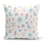 - Rh-K1298 - Realhomes  Sevimli Ahtapot Ve Denizkızı Desenli Dijital Baskılı Özel Tasarım Modern Yastık Kırlent Kılıfı Realhomes