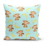 Mavi Zeminde Maymun Ve Muz Motifli Dijital Baskılı Özel Tasarım Modern Yastık Kırlent Kılıfı Realhomes