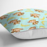 Mavi Zeminde Maymun Ve Muz Motifli Dijital Baskılı Özel Tasarım Modern Yastık Kırlent Kılıfı Realhomes