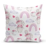 - Rh-K1317 - Realhomes  Sevimli Tavşan Ve Gökkuşağı Temalı Dijital Baskılı Özel Tasarım Modern Yastık Kırlent Kılıfı Realhomes