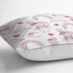 - Rh-K1317-2 - Realhomes  Sevimli Tavşan Ve Gökkuşağı Temalı Dijital Baskılı Özel Tasarım Modern Yastık Kırlent Kılıfı Realhomes