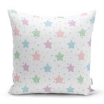 - Rh-K1354 - Realhomes Beyaz Zemin Rengarenk Yıldız Motifli Dijital Baskılı Özel Tasarım Modern Yastık Kırlent Kılıfı Realhomes