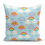 Mavi Zeminde Gökkuşağı Ve Bulut Desenli Dijital Baskılı Özel Tasarım Modern Yastık Kırlent Kılıfı Realhomes