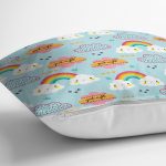 Mavi Zeminde Gökkuşağı Ve Bulut Desenli Dijital Baskılı Özel Tasarım Modern Yastık Kırlent Kılıfı Realhomes