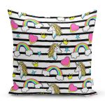 - Print - Realhomes Gökkuşağı Ve Unicorn Temalı Dijital Baskılı Özel Tasarım Modern Yastık Kırlent Kılıfı Realhomes