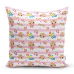 - Print - Realhomes  Pembe Çizgili Zeminde Şirin Ayıcık Temalı Dijital Baskılı Özel Tasarım Modern Yastık Kırlent Kılıfı Realhomes