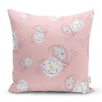 Pembe Zeminli Sevimli Kelebek Motifli Dijital Baskılı Özel Tasarım Modern Yastık Kırlent Kılıfı Realhomes