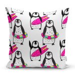 - Rh-K1407 - Realhomes Penguen Desenli Dijital Baskılı Özel Tasarım Modern Yastık Kırlent Kılıfı Realhomes