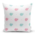 - Print - Realhomes Pembe Mavi Fil Motifli Dijital Baskılı Özel Tasarım Modern Yastık Kırlent Kılıfı Realhomes