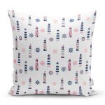 - Simple minimal vector pattern with lightouses and helm in blue, - Realhomes Deniz Feneri Temalı Dijital Baskılı Özel Tasarım Modern Yastık Kırlent Kılıfı Realhomes