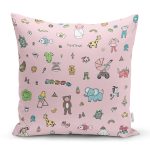 - Print - Realhomes Pembe Zeminde Bebek Oyuncakları Dijital Baskılı Özel Tasarım Modern Yastık Kırlent Kılıfı Realhomes