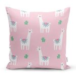Pembe Zeminde Lama Desenli Dijital Baskılı Özel Tasarım Modern Yastık Kırlent Kılıfı Realhomes