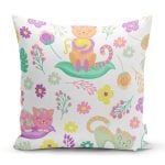 Çiçek Ve Kedi Desenli Dijital Baskılı Özel Tasarım Modern Yastık Kırlent Kılıfı Realhomes