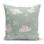 - Печать - Realhomes Yeşil Zeminde Sevimli Tavşan Desenli Dijital Baskılı Özel Tasarım Modern Yastık Kırlent Kılıfı Realhomes