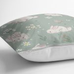 - Печать - Realhomes Yeşil Zeminde Sevimli Tavşan Desenli Dijital Baskılı Özel Tasarım Modern Yastık Kırlent Kılıfı Realhomes