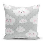 - Print - Realhomes Puanlı Zeminde Gülümseyen Bulut Motifli Dijital Baskılı Özel Tasarım Modern Yastık Kırlent Kılıfı Realhomes