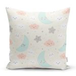 Krem Zeminde Bulut Ve Ay Desenli Dijital Baskılı Özel Tasarım Modern Yastık Kırlent Kılıfı Realhomes