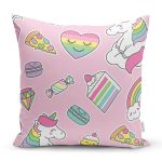 - Print - Realhomes Unicorn Pasta Ve Kalp Desenli Dijital Baskılı Özel Tasarım Modern Yastık Kırlent Kılıfı Realhomes