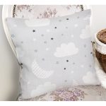 - Print - Realhomes Gri Zeminde Yıldız Bulut Ve Ay Desenli Dijital Baskılı Özel Tasarım Modern Yastık Kırlent Kılıfı Realhomes
