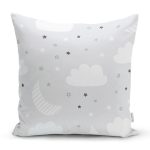- Print - Realhomes Gri Zeminde Yıldız Bulut Ve Ay Desenli Dijital Baskılı Özel Tasarım Modern Yastık Kırlent Kılıfı Realhomes