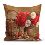 - Rh-K1508 - Realhomes Vazoda Güller Ve Çilek Sepeti Desenli Dijital Baskılı Dekoratif Modern Yastık Kırlent Kılıfı Realhomes