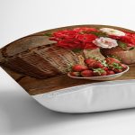 - Rh-K1508-2 - Realhomes Vazoda Güller Ve Çilek Sepeti Desenli Dijital Baskılı Dekoratif Modern Yastık Kırlent Kılıfı Realhomes