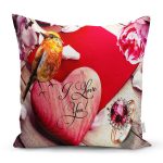 - Rh-K1534 - Realhomes  I Love You Kuş Ve Kalp Motifli Dijital Baskılı Dekoratif Modern Yastık Kırlent Kılıfı Realhomes